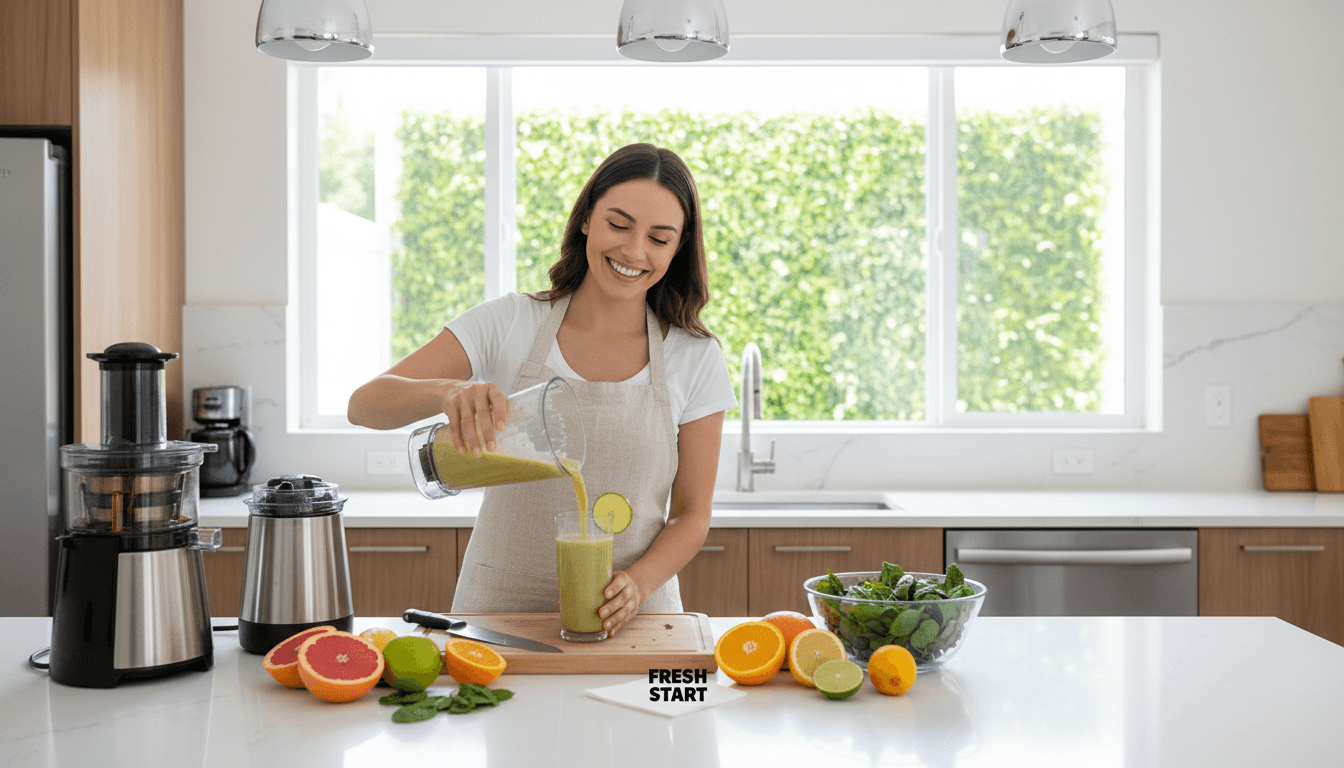 Mulher preparando bebida saudável com frutas cítricas frescas em cozinha moderna