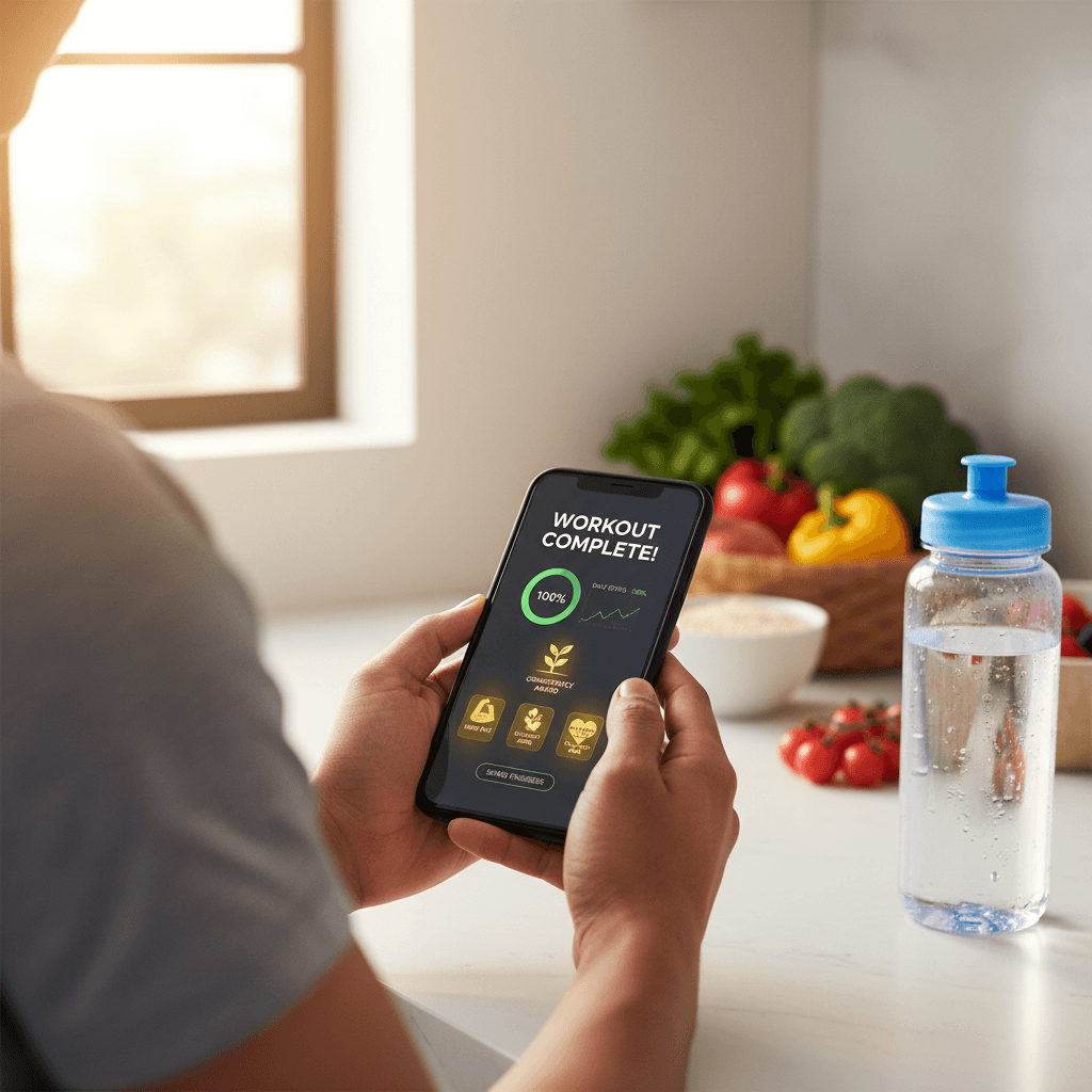 Rastreador de fitness com plano de refeições em mesa de madeira