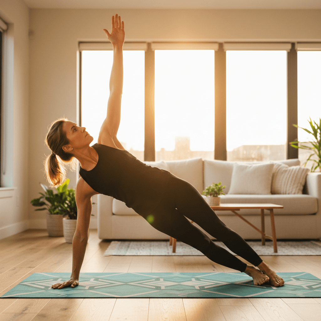 Mulher medindo cintura com fita métrica após treino em casa bem iluminada