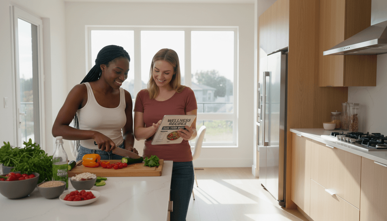 Mulher lendo artigo sobre nutrição em tablet em cozinha moderna