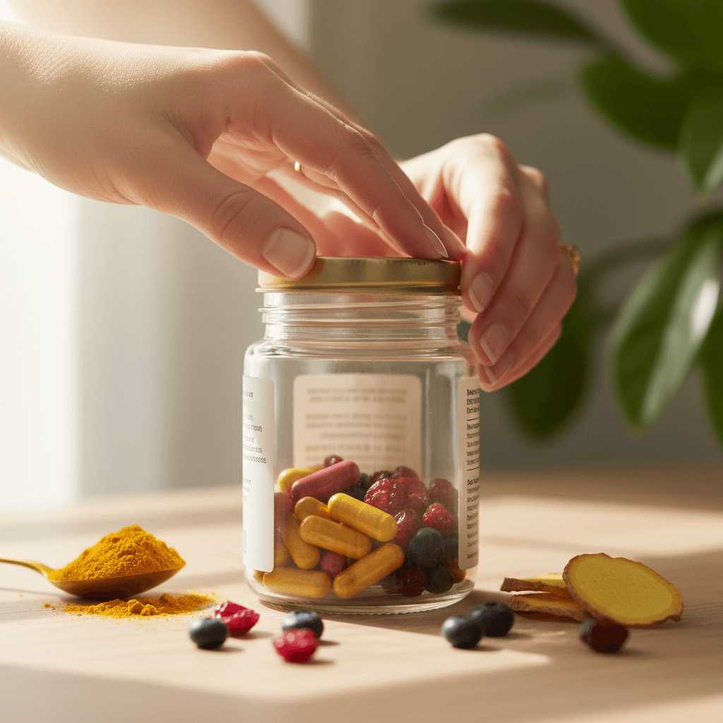 Suplementos naturais e ervas em vidros sobre superfície clara