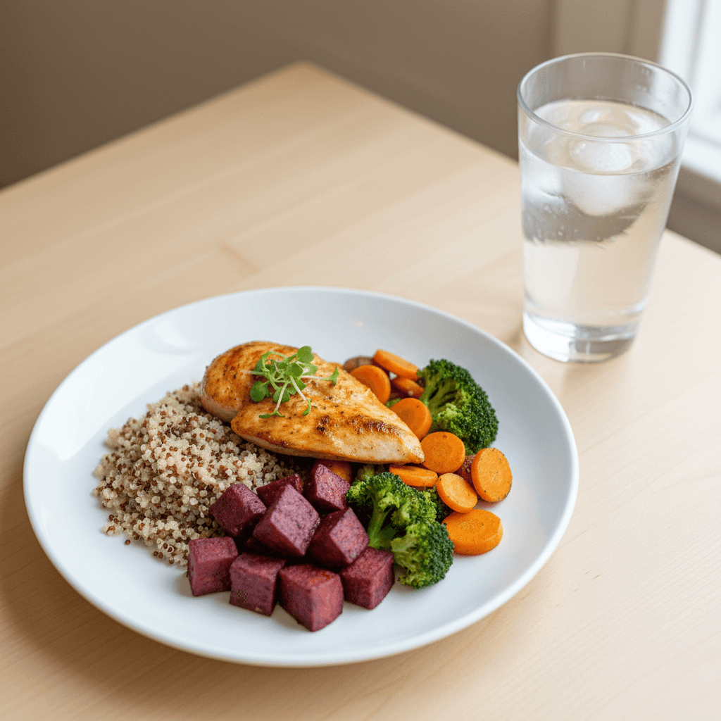 Prato equilibrado com vegetais, proteínas e grãos em louça moderna